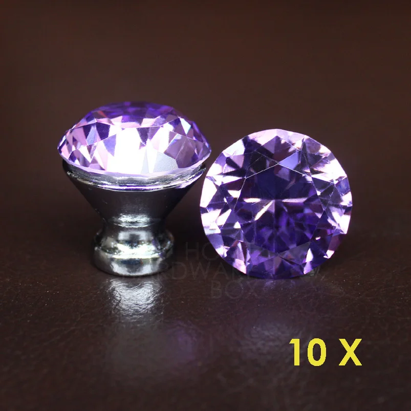 Purple Crystal Drawer Knobs 30mm Dresser Handle Pull Glass Diamond