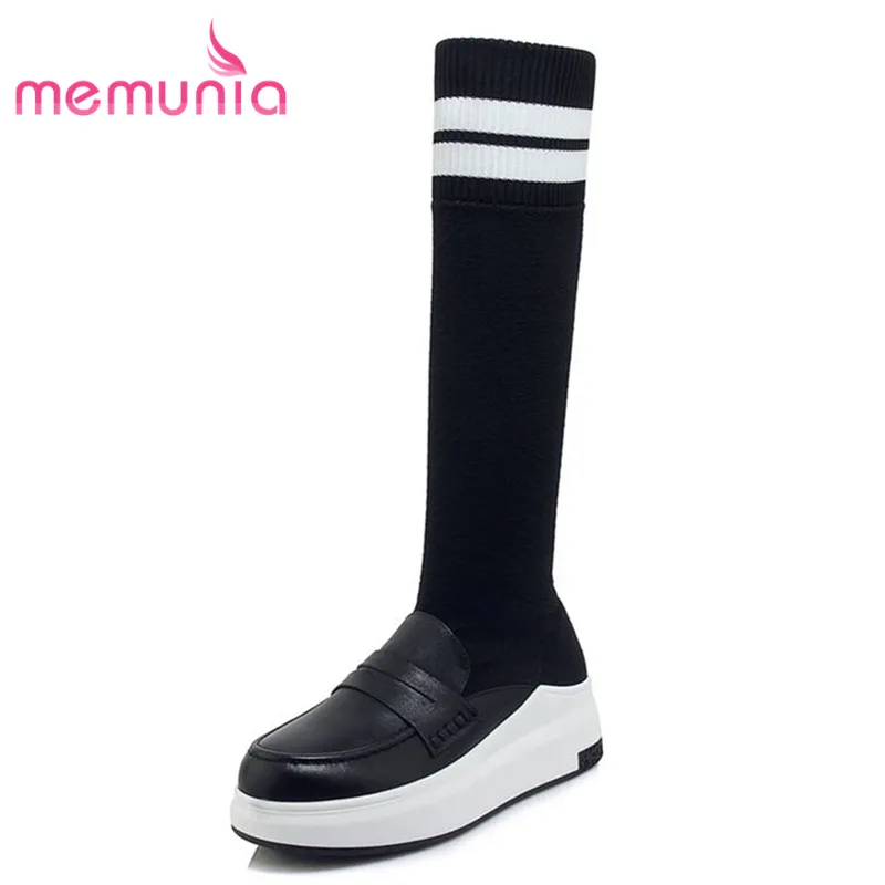 

MEMUNIA new cloth+genuine leather boots fashion autumn winter knee high boots for women elegant boots round toe casual shoes