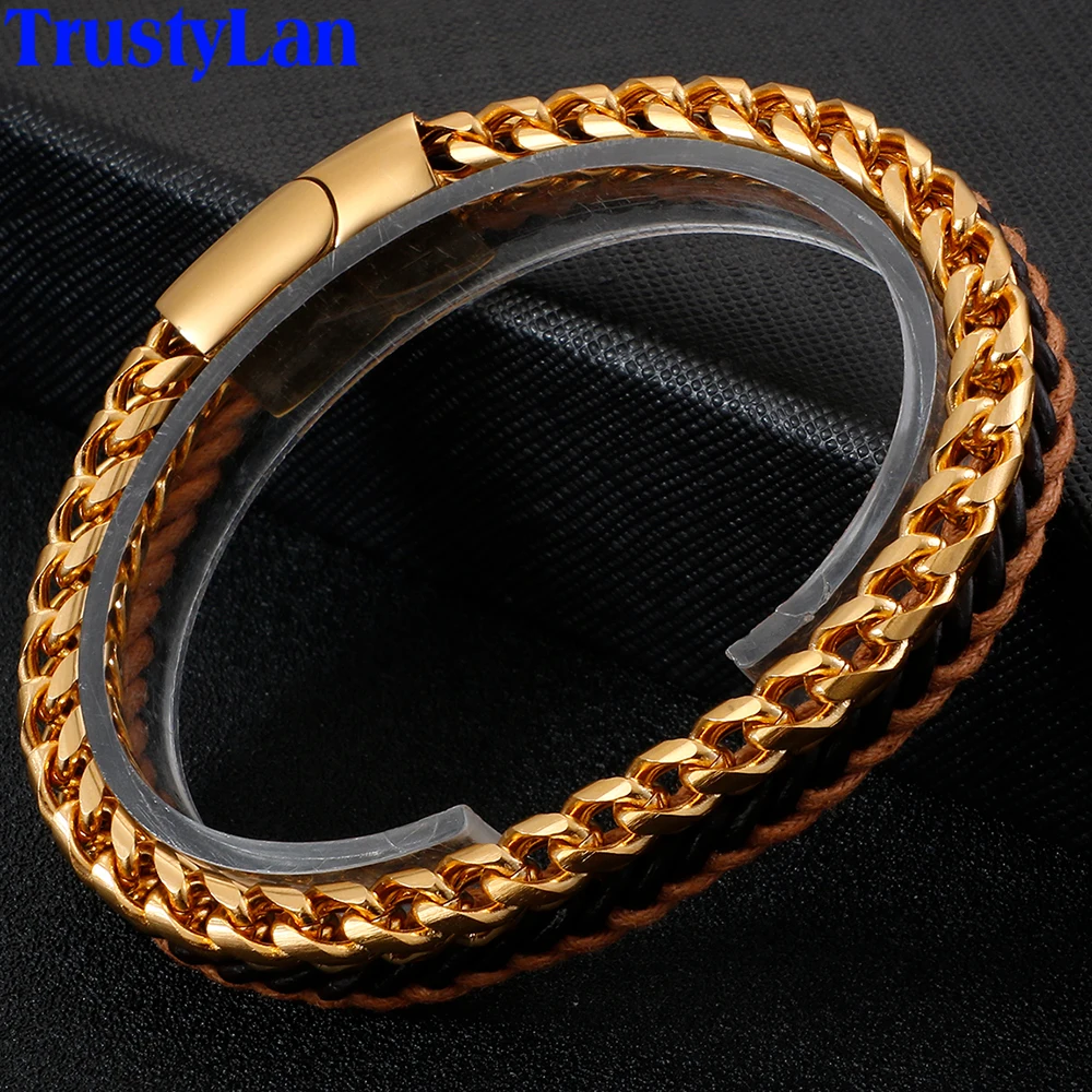 

Braided Genuine Leather Bracelet Male Wristband Golden Chain Link Stainless Steel Mens Bracelets Wrap Bracelet Men Biker Jewelry
