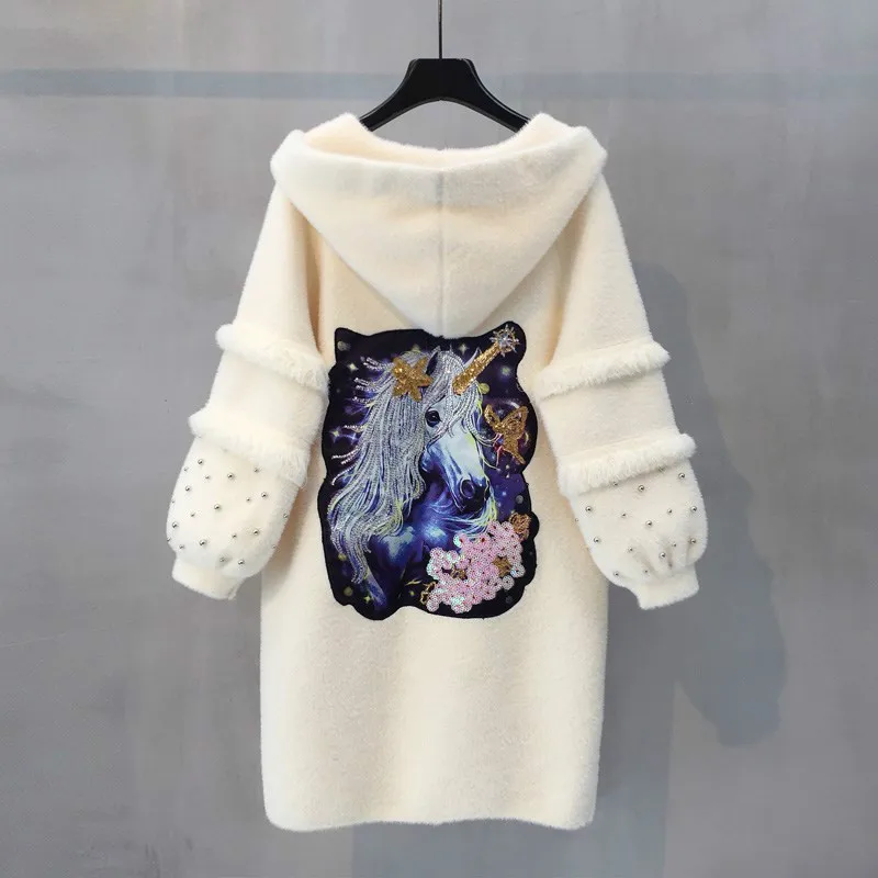 

Mink Cashmere Sweater Women Cardigans Autumn Winter Medium Length Sweaters Tops High Quality Cardigans Coat With Cap and Pocket