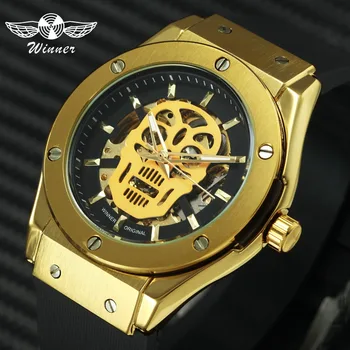 

Fashion Skull Men Sports Watches Skeleton Automatic Gold Watch Mechanical Rubber Strap Hip Hop Style Brand Luxury Wristwatch