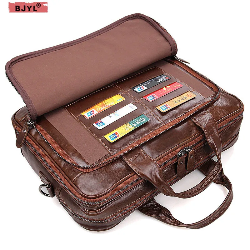 

BJYL 100% Genuine Leather Men business official Handbag cross-section Briefcase 15" Laptop Messenger Retro travel shoulder Bags