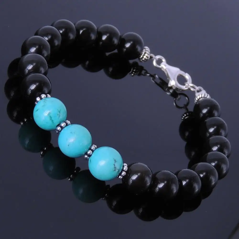 

free shipping Men's Women Black Obsidian Turquoise Bracelet Sterling Silver Spacers Clasp 121
