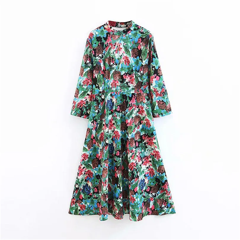 

Women style stand collar floral Print maxi dress Backless bow decorate pleated long sleeve female casual dresses retro vestidos