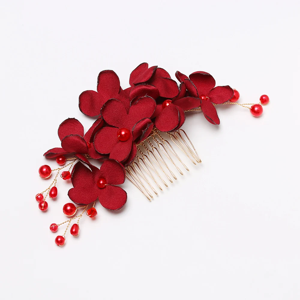 

HOOH Elegant Wedding Hair Combs for Bride Red Flower Pearls Women Hairpins Bridal Headpiece Hair Jewelry Bridal Hair Accessories