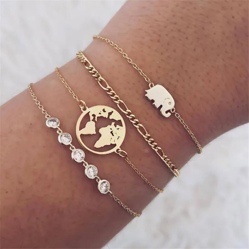 DIEZI Fashion New Silver Round Wing Chain Bracelets Bangle For Women Crystal Round Arrow Charm Bracelets Sets Jewelry Gifts - Окраска металла: elephant gold