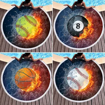 

Baseball Football Summer Round Swimming Beach Bath Towel with Tassels 450g Soft Absorbent Microfiber 150cm Spots Blanket