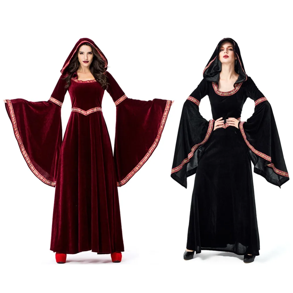 H & ZY Для женщин цвет красного вина вампира на Хэллоуин костюм ведьмы бархатные Длинные платья костюмы в европейском стиле ретро суд колдун
