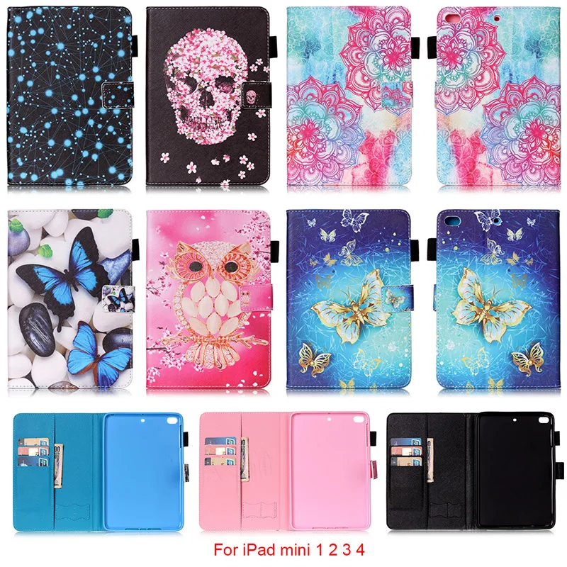

For Apple iPad mini 1 2 3 4 Case Mandala Butterfly Skull Flower ablet Back Cover with Stylus holder For iPad mini 7.9'' DP00E