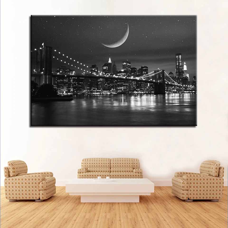 

Canvas Wall Art Pictures HD Prints Poster 1 Piece/Pcs Black White Brooklyn Bridge City Night View Paintings Home Decor Framework