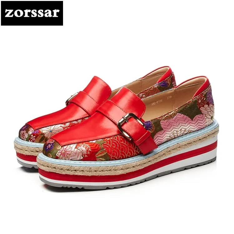 

{Zorssar} 2018 Fashion embroidery women flat sneakers shoes Genuine Leather Female casual shoes Slip on flats platform Loafers