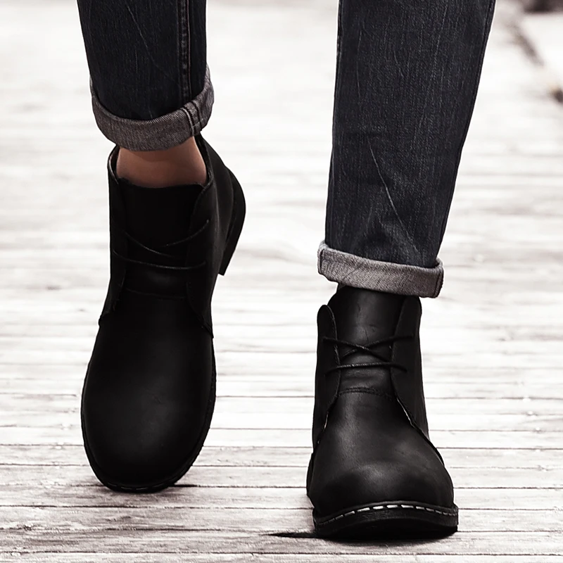 Мужские Ботильоны из натуральной кожи; дышащие мужские кожаные ботинки; обувь с высоким берцем; Уличная Повседневная мужская зимняя обувь; Botas Homme; меховая плюшевая обувь