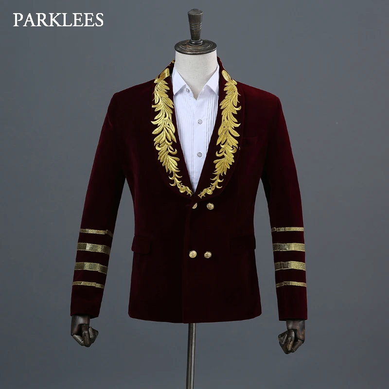

Stylish Floral Embroidery Blazer Men Loose Striped Double Breasted Mens Red Suits Party Prom Show Stage Singer DJ Jackets Homme