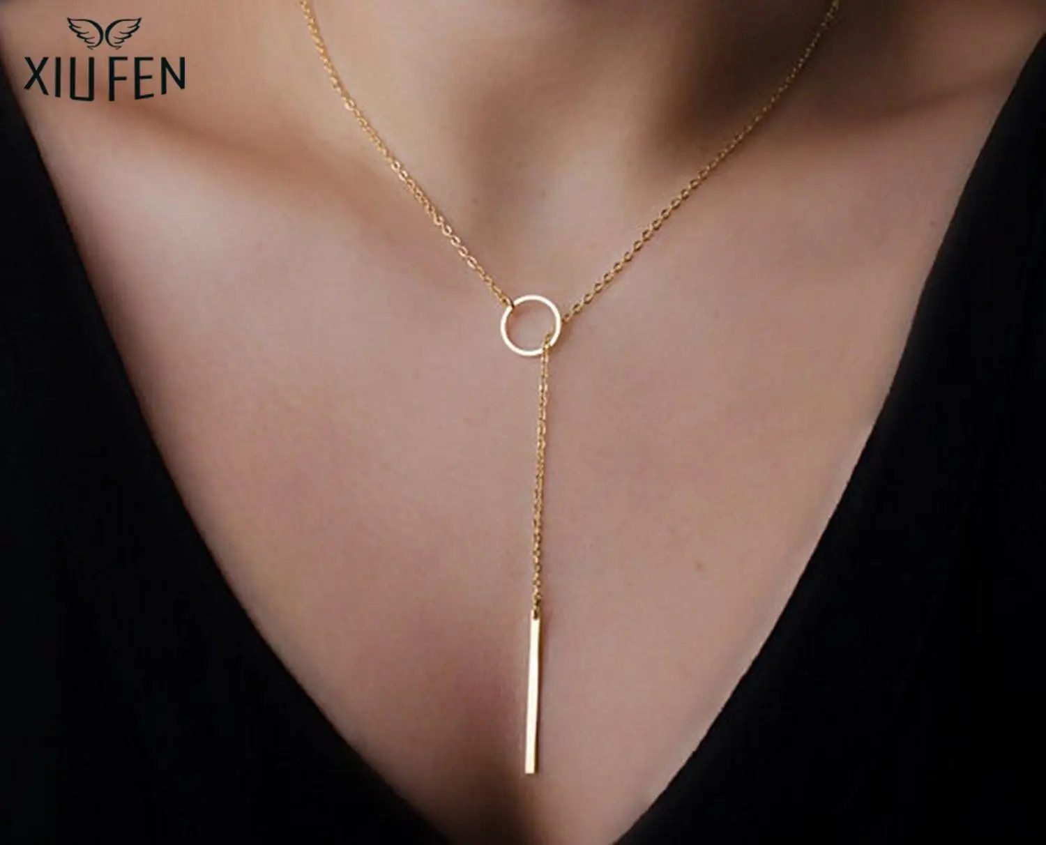 

XIUFEN Nice Simple Metal Chain Choker Circle Bar Necklace Gold Color