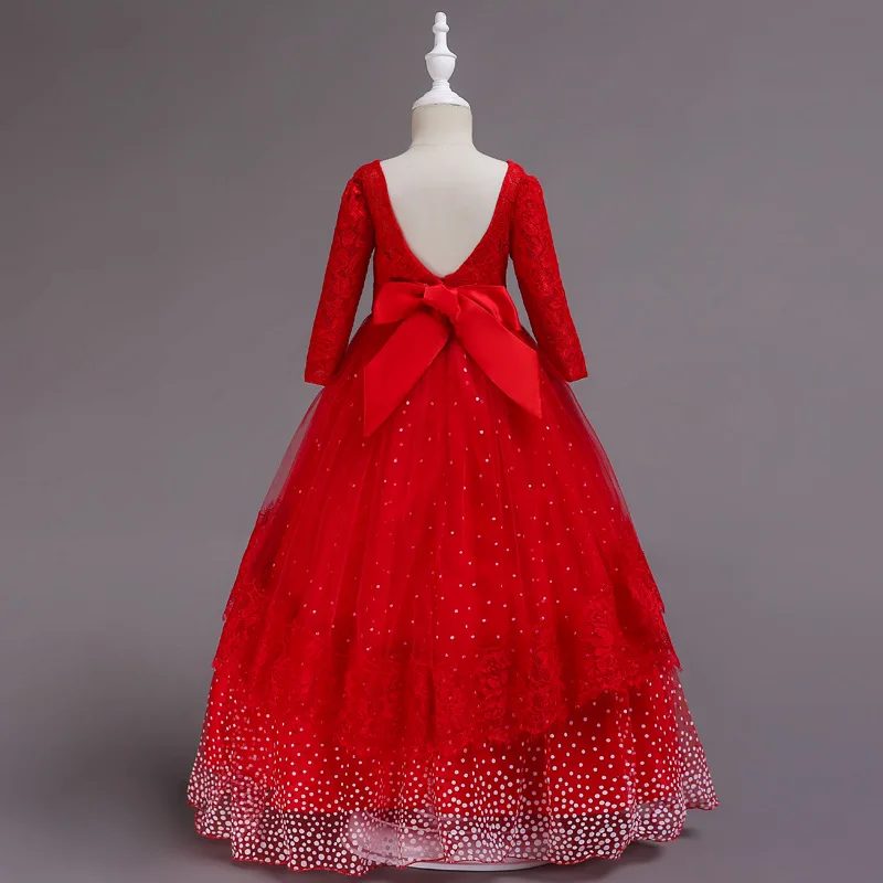 Рождественское платье для девочек с большим красным орнаментом; высококачественное детское кружевное свадебное платье принцессы с открытой спиной; Романтическое Платье со снежинками