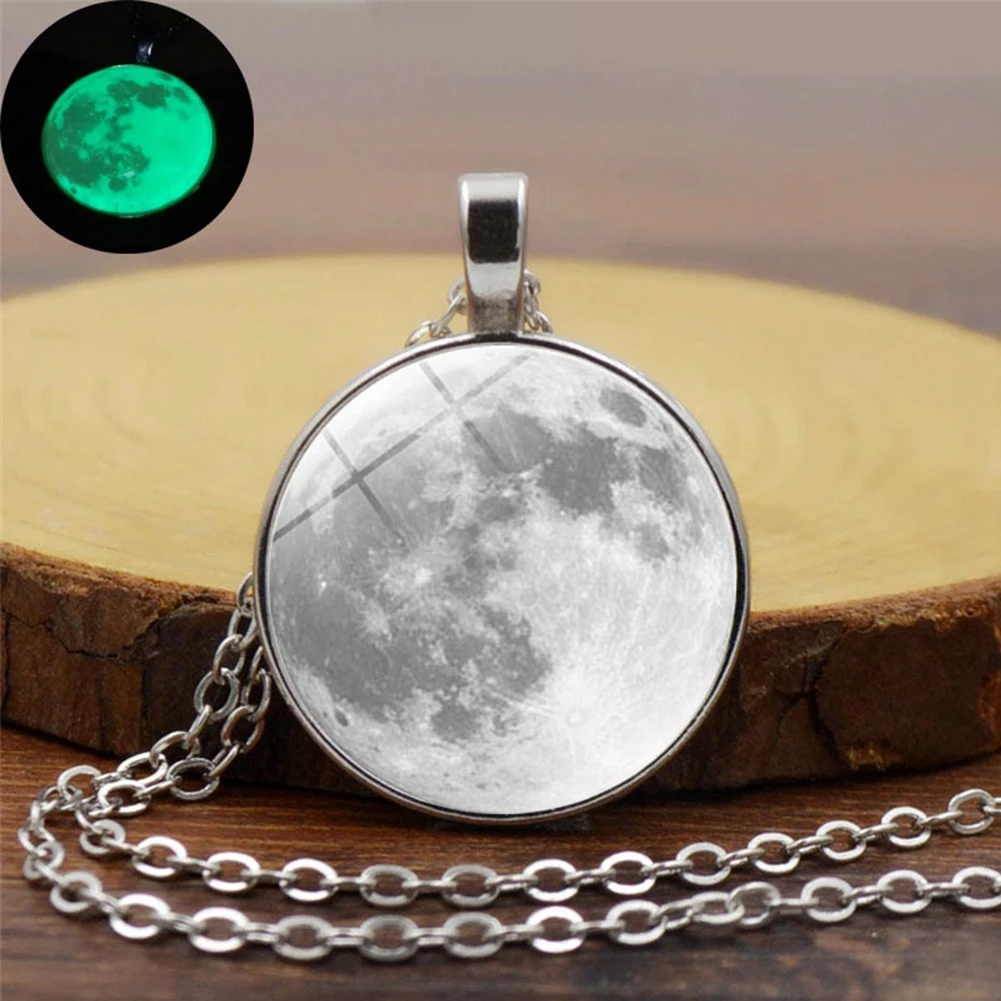 Glow In The Dark Glass Cabochon Pendant All-Match Moon Plated Sweater Chain Necklace Dream Starry Luminous Planet | Украшения и