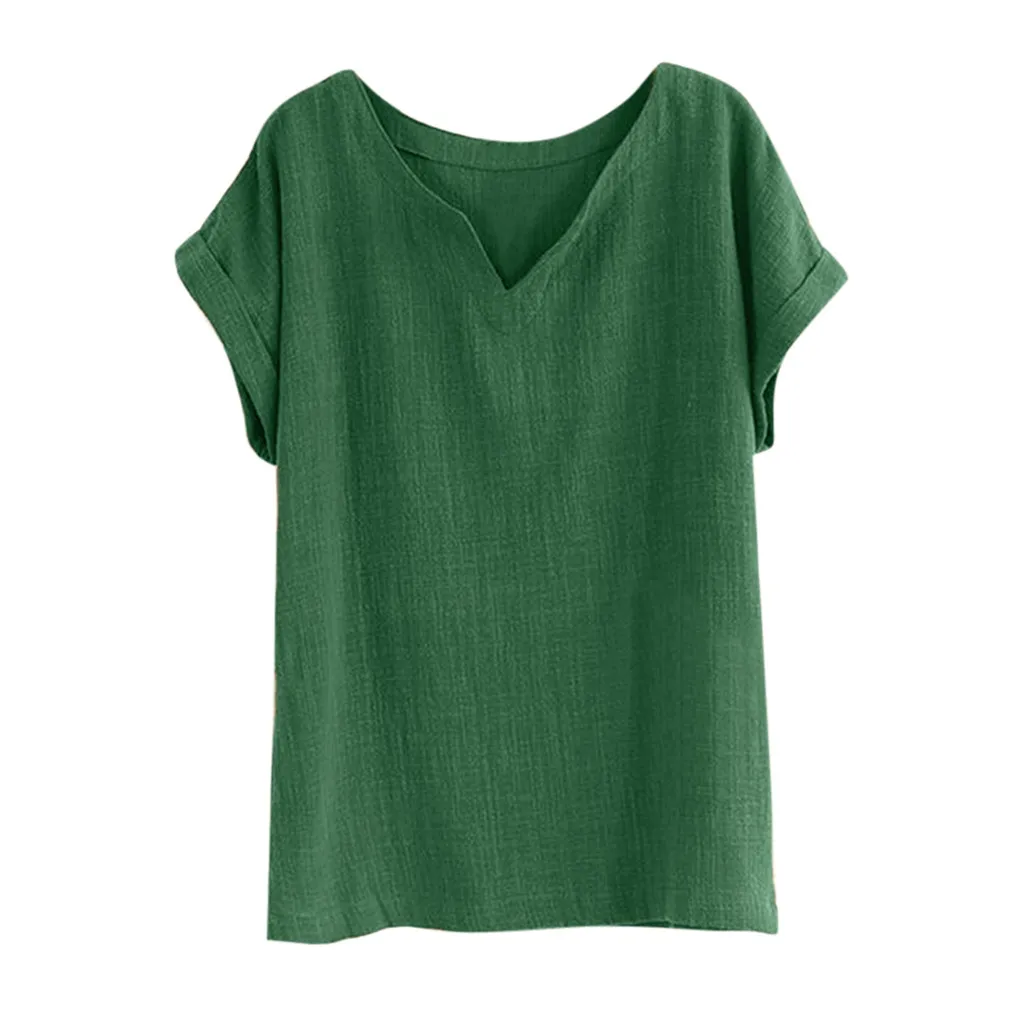 

Women's Blouse Fashion Casual Cotton and Linen Solid Color V-Neck Short Sleeve Loose Tops blusas mujer de moda 2019