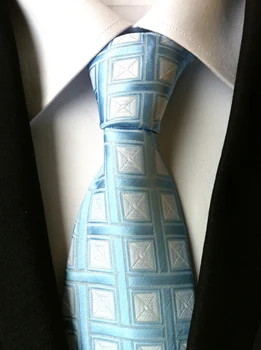 

New Men Woven Tie Sky Blue Geometric with White Plaids Gravata