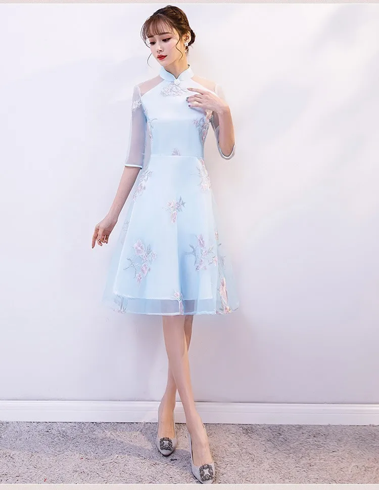 2019 nueva moda de encaje Cheongsam модерано bordado azul corto Qi Pao Chinoise vestido diio chino tradicional ropa Qipao