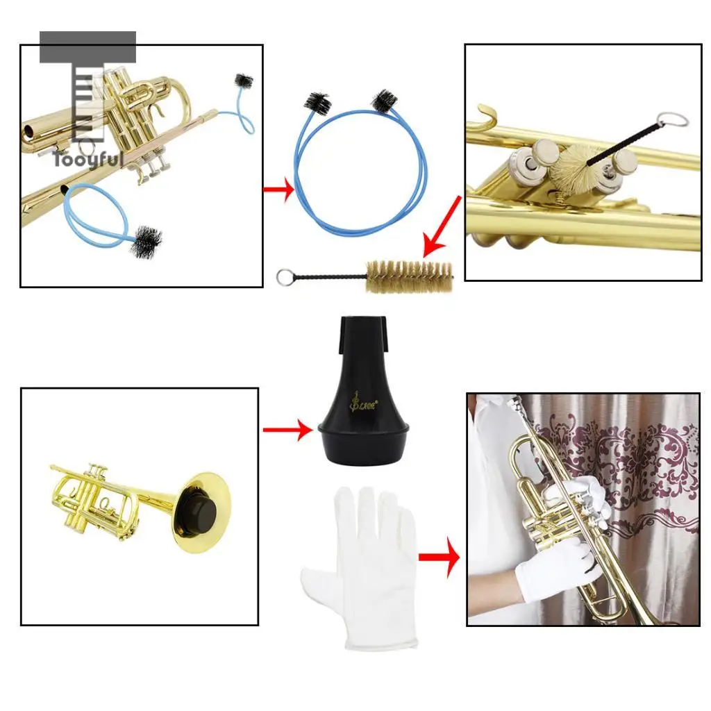Tooyful 6 in 1 Trumpet Maintenance Tool Kit Trumpet Stand Tripod Holder+2pcs Brushes+Mute+Gloves