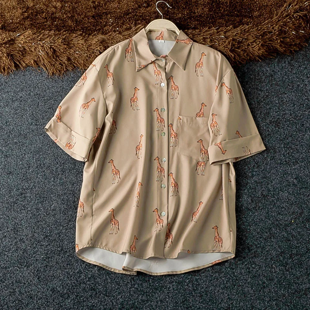 

Good Quality Zebra Animal Print Shirt Women Turn Down Collar Short Sleeve Khaki Blouse For Woman Office Lady Summer Womens Shirt