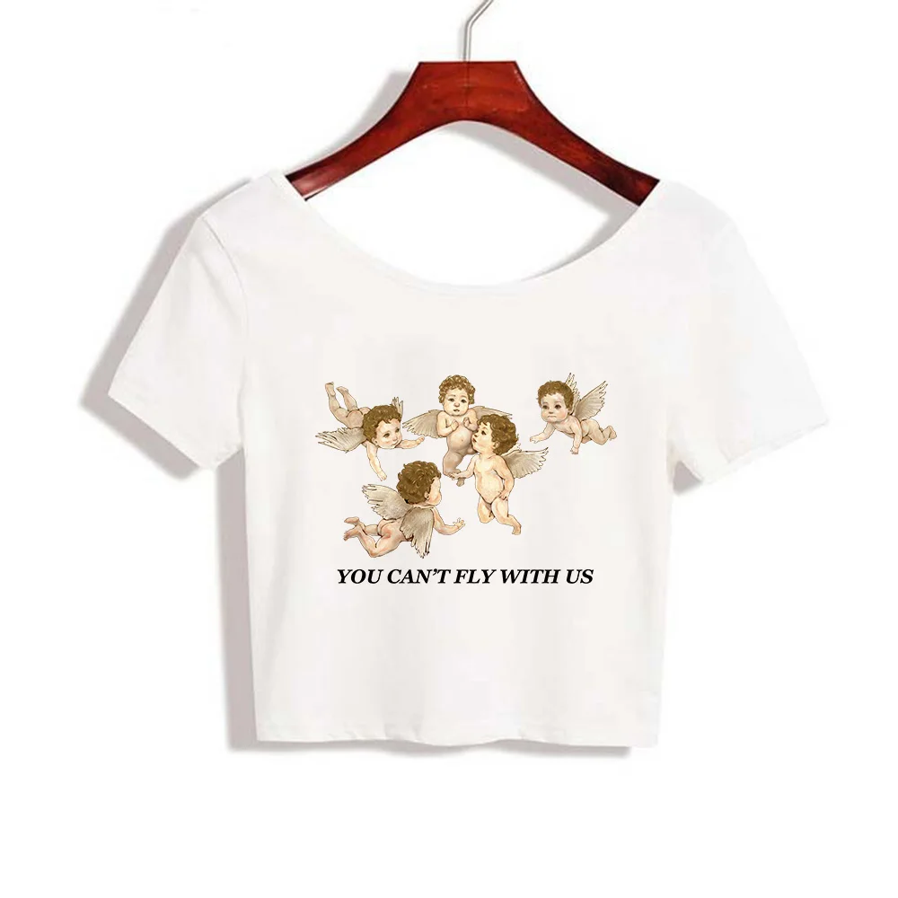 Tumblr Funny aesthetic Tops Sexy Women Basic Tees Angel Printed Harajuku Cropped Tops Fashion Slim Brand Fitting Short Tops