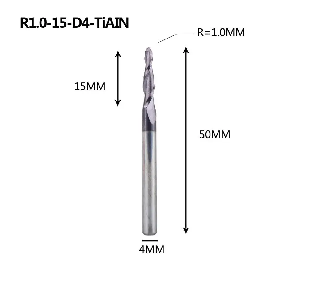 1 шт. Вольфрам твердого карбида с покрытием конус шариковый нос ЧПУ фрезы Фрезы для дерева и фрезы для металла Концевая фреза - Длина режущей кромки: R1.0-15-50-D4