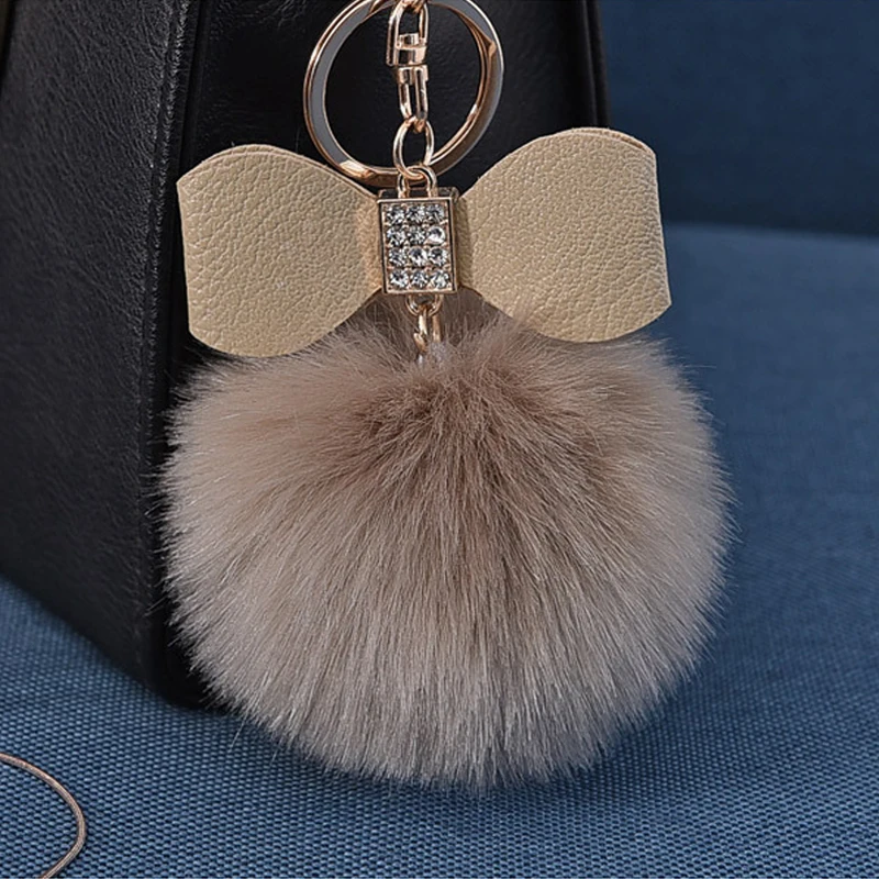 

Pompom Women Trinkets Leather Bow Rhinestone Keychain Charm Pompon Keyring Fluffy Faux Rabbit Fur Ball Key Chains For Car Bag