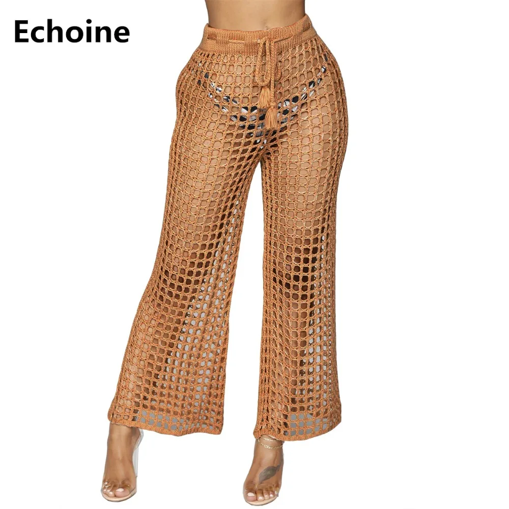 

2019 New Women Hollow Out Fishnet Pants Knitted Loose Wide Leg Pants Female Beach Style Summer Trousers High Waist Club Pants