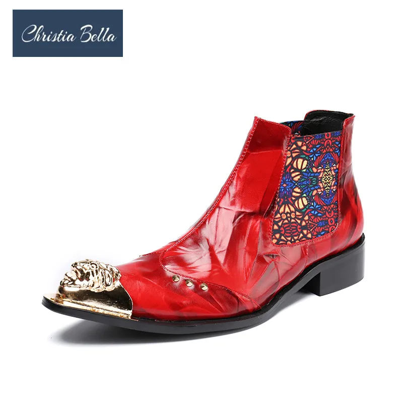 

Christia Bella Fashion Printing Men Ankle Boots Autumn Winter Genuine Leather Metal Pointed Toe Chelsea Boots Formal Dress Shoes