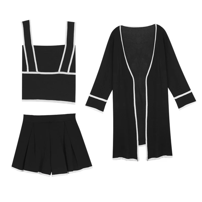 

PERHAPS U women knitted apricot black white long sleeve cardigan strap short pants vast 3 three pieces set T0103