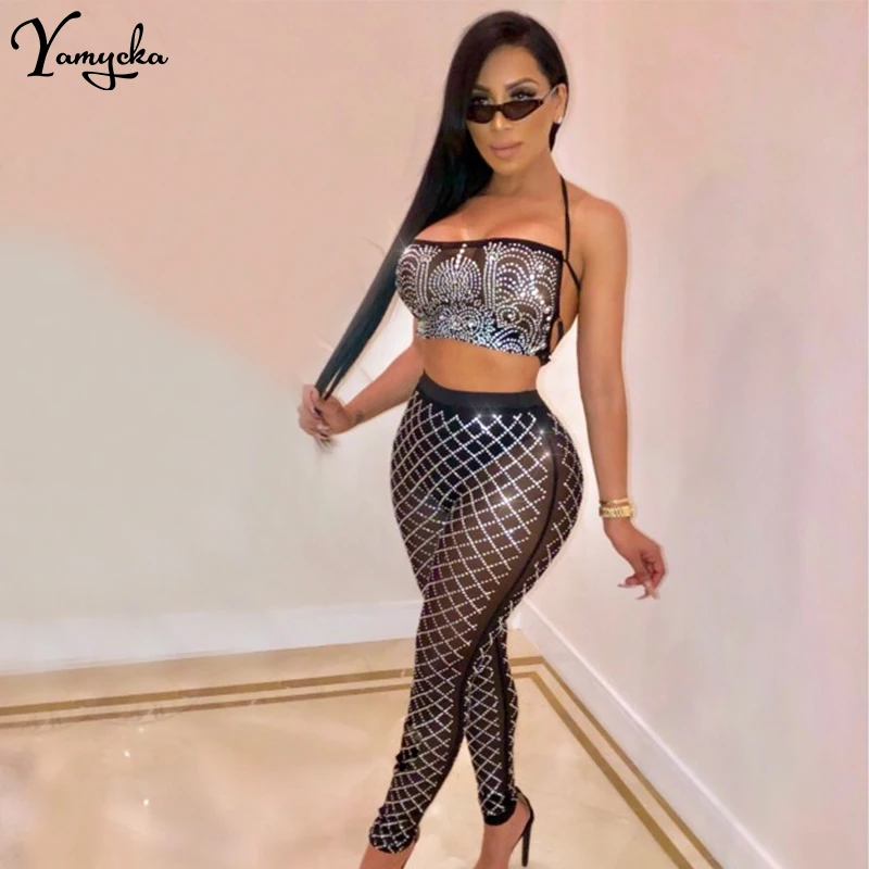 

sexy Sparkling diamond Mesh See Through Summer bodysuit women bodycon Black bandage sequin jumpsuit Night club Party overalls
