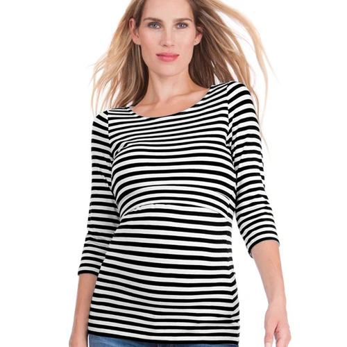 OkayMom с длинным рукавом для будущих мам рубашки для кормления хлопок полосатый топ для кормления грудью футболки для беременных женщин беременность лактация медсестры одежда - Цвет: black white