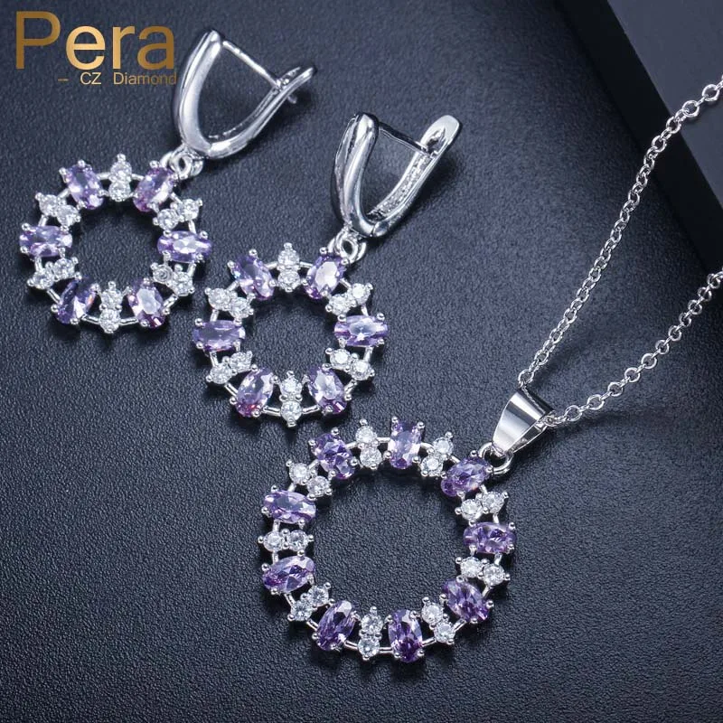 

Pera 7 Color Option Fashion Women Summer Party Jewelry Big Hollow Dangle Round Drop Cubic Zirconia Necklace And Earring Set J262