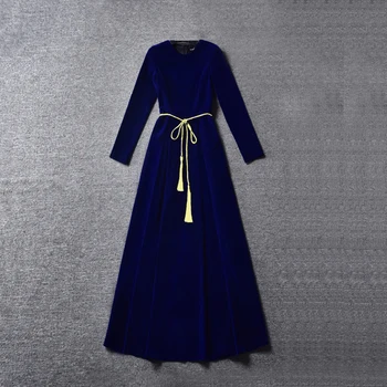 

2018 spring new women's long velvet dress velvet party dress retro big swing black blue full sleeve runway long maxi dresses