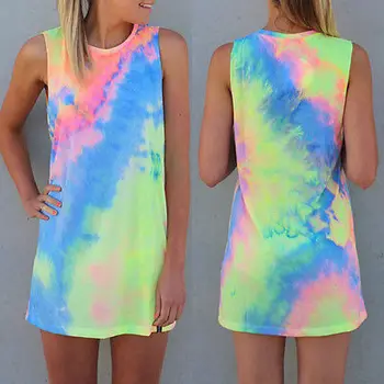 

2019 New Summer Sexy Women Sleeveless Party rainbow Dress Mini Dress tie Dye Beach Dress