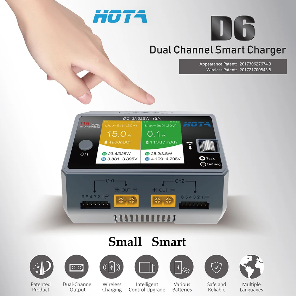 Высокоэффективное Двухканальное умное зарядное устройство HOTA D6 2 * DC325W 15A для Lipo