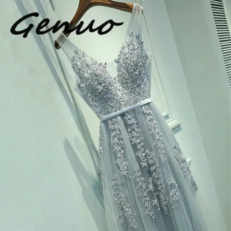 Genuo Новое сексуальное платье с v-образным вырезом Robe De Soiree Высокое качество Серый Тюль с аппликацией платья настоящая фотография vestido de festa