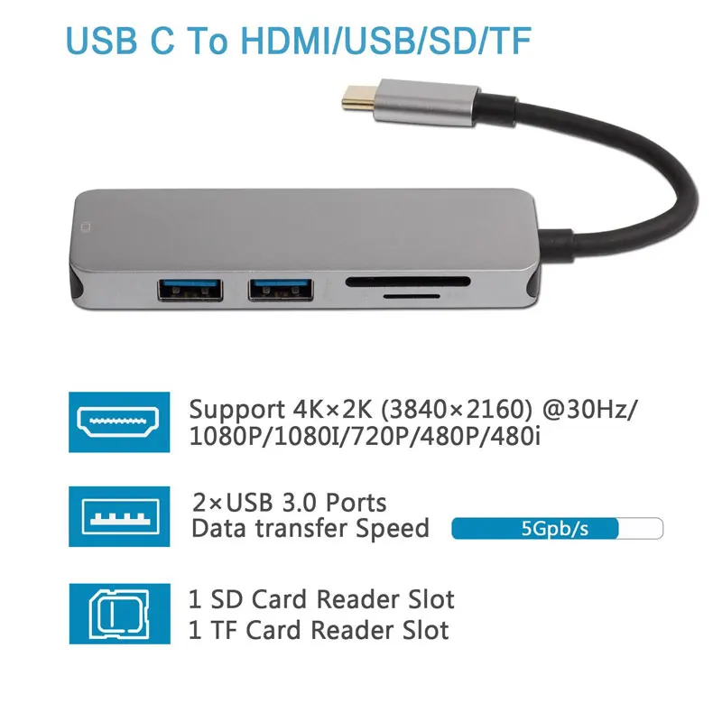 Док станция Thunderbolt 3 hub usbc USB Type C к HDMI 0 кабель TF SD карта 5 в 1 разветвитель адаптера