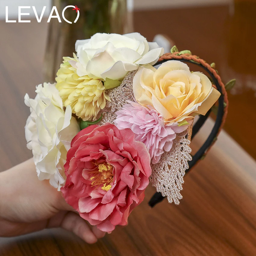

LEVAO Women Wedding Floral Crown Head Band Headbands Lace Flower Headband Bridal Garland Forehead Hair Band Wedding Headwear