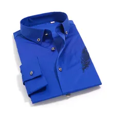 Весенне-осенние мужские нарядные рубашки Свадебные вечерние рубашки для бизнеса, торжественных случаев, приталенная Мужская модная одежда желтого и синего цвета