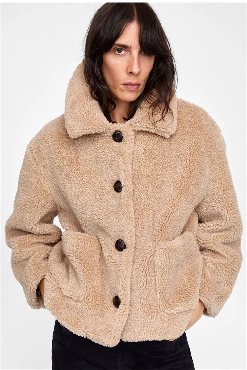 Camel Autumn Winter Warm Thick Women Fluffy Coats Pink Camel Faux Lamb Fur Jacket Turn Down Collar Girls Sweet Casual Furry Coat - Цвет: Camel