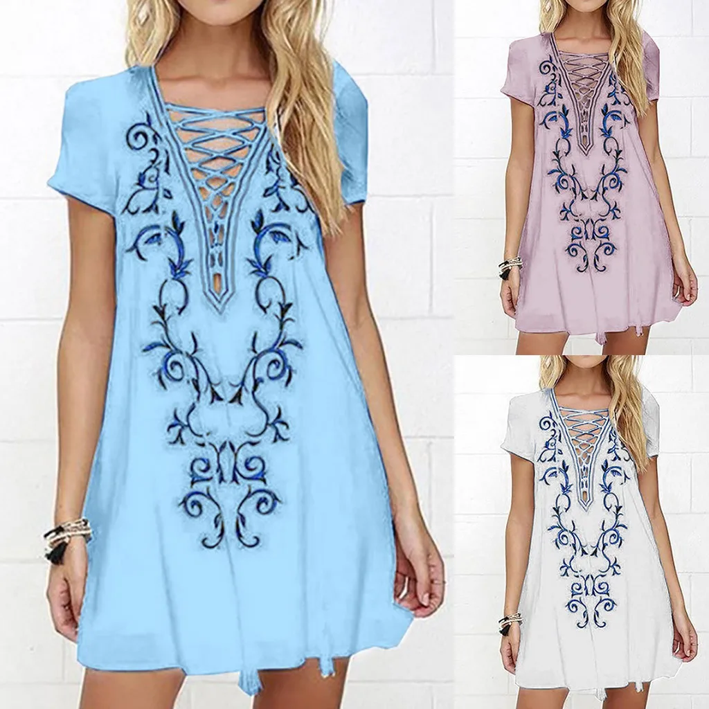 Для женщин платья для Новинка 2019 года модные летние короткий рукав Boho печати мини