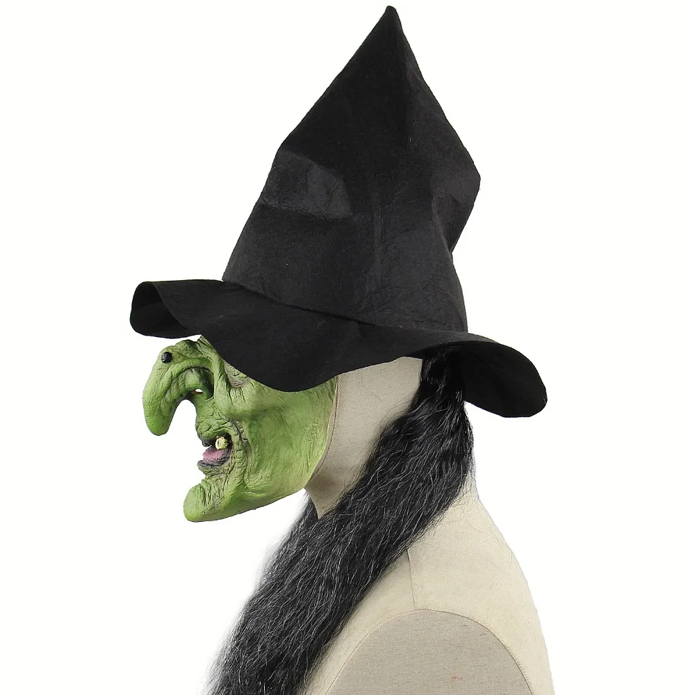 Маска ведьмы с шапкой и волосами, костюм зеленого цвета, театральная ведьма, качественный макияж, страшная маска на Хеллоуин, маска, костюм, страшная маска клоуна