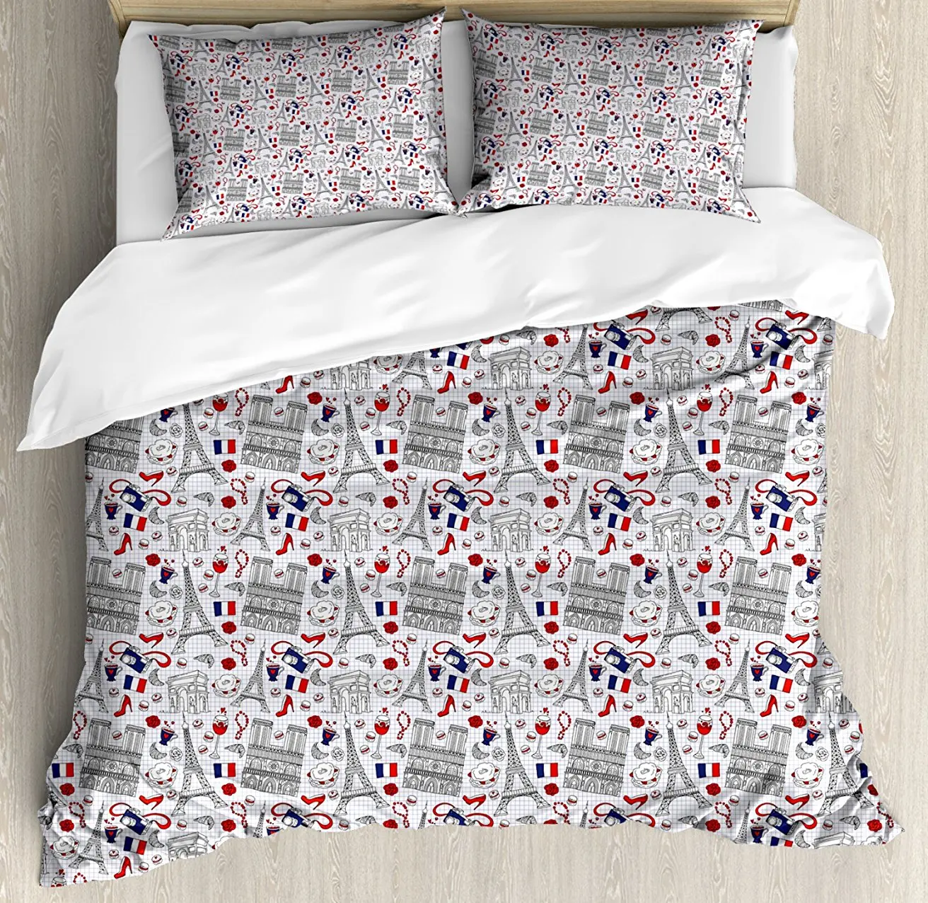 

Duvet Cover Set French Travel Pattern with Paris Touristic Icons Architecture Buildings Landmarks 4 Piece Bedding Set
