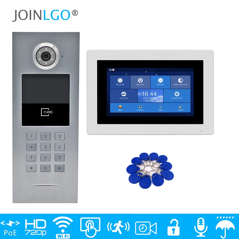 

Free Shipping 1 Apartment POE 720P IP Wifi 7" Touch Screen Record Video Intercom Door Phone Kit Code Keypad RFID Outdoor Camera