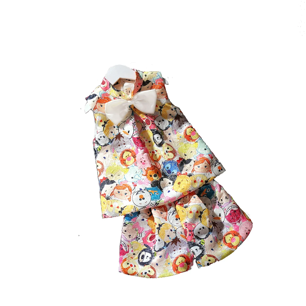 

Summer Girls Set Kids Clothing Children Cartoon Print Vest Upper Outer Garment and Shorts 2 Pcs 2017