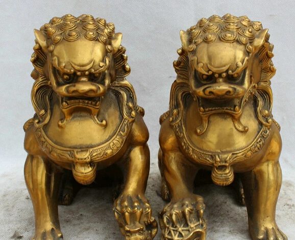 

JP S61 11" Chinese Brass Fengshui Foo Fu Dog Guardion Lion Pair sculpture Statue pair