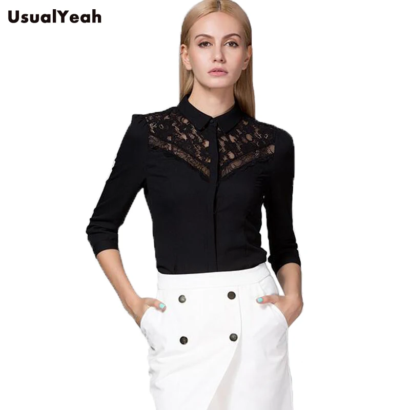 

2018 New Women Body Shirt Blouses Slim Fit Turn-down Collar Fashion Lace Patchwork design Three Quarter Sleeve Black SY0287 S-XL