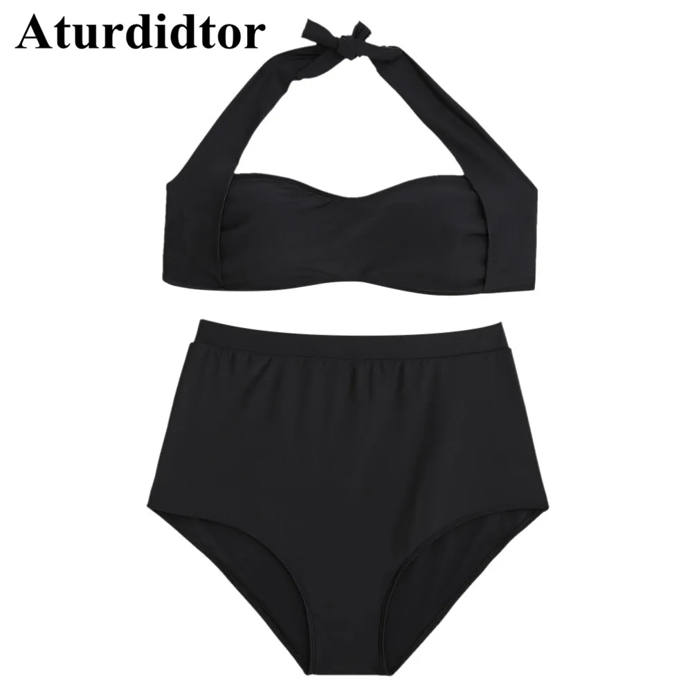Plus Size Swimwear Halter High Waisted Bikini Set Large Size Swimwear Two Brief Solid Black